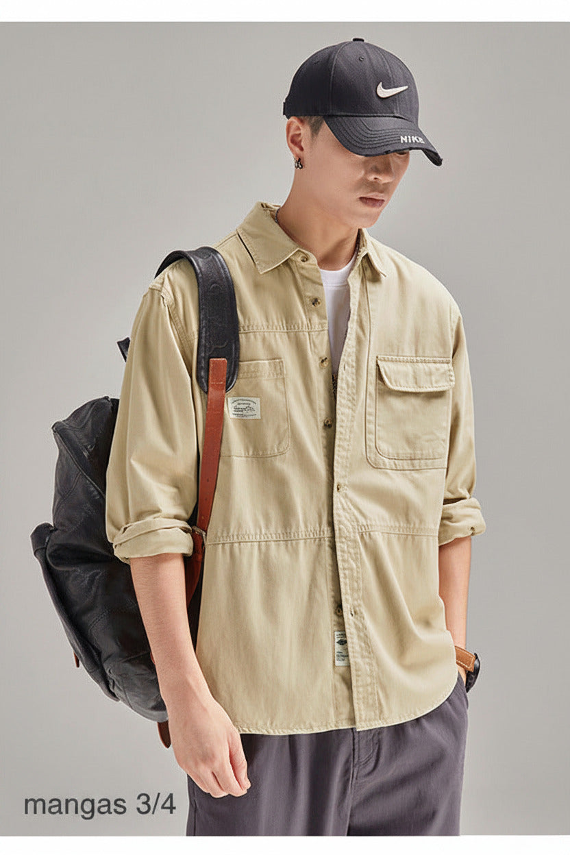 Camisa para hombre, estilo casual holgado con solapa, marca de moda masculina, de algodón