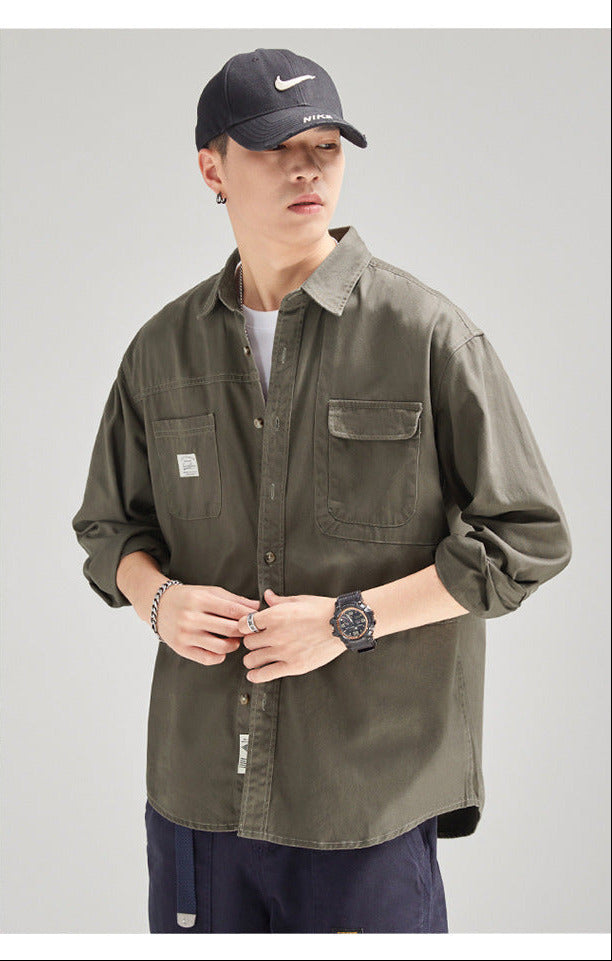 Camisa para hombre, estilo casual holgado con solapa, marca de moda masculina, de algodón