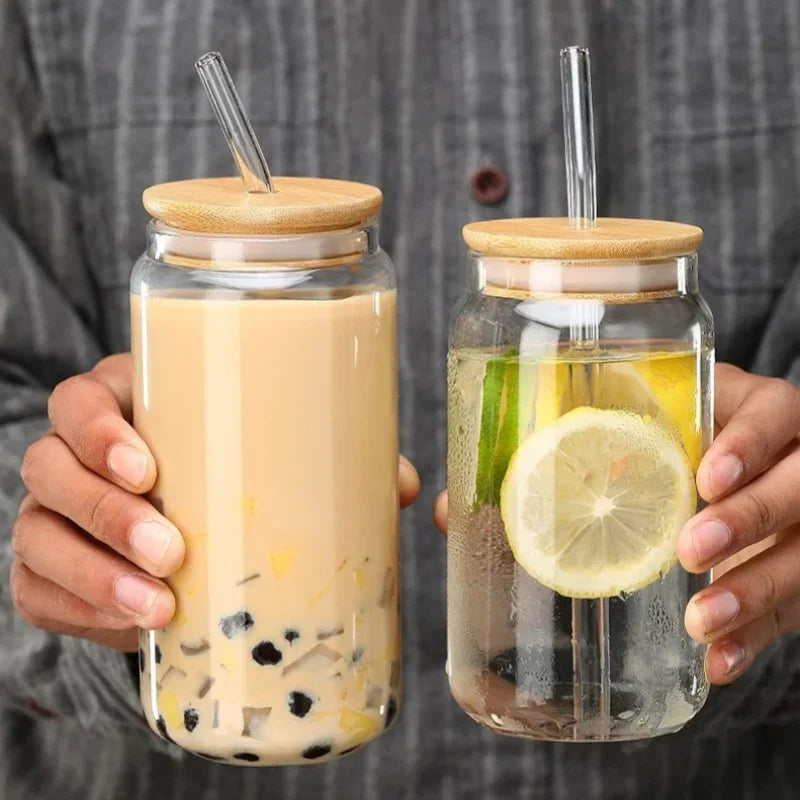 Vaso de vidrio transparente de 450 ml/550 ml con tapa de madera y popote