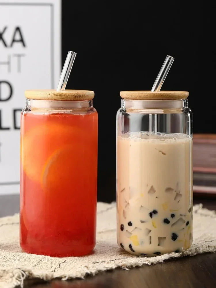 Vaso de vidrio transparente de 450 ml/550 ml con tapa de madera y popote