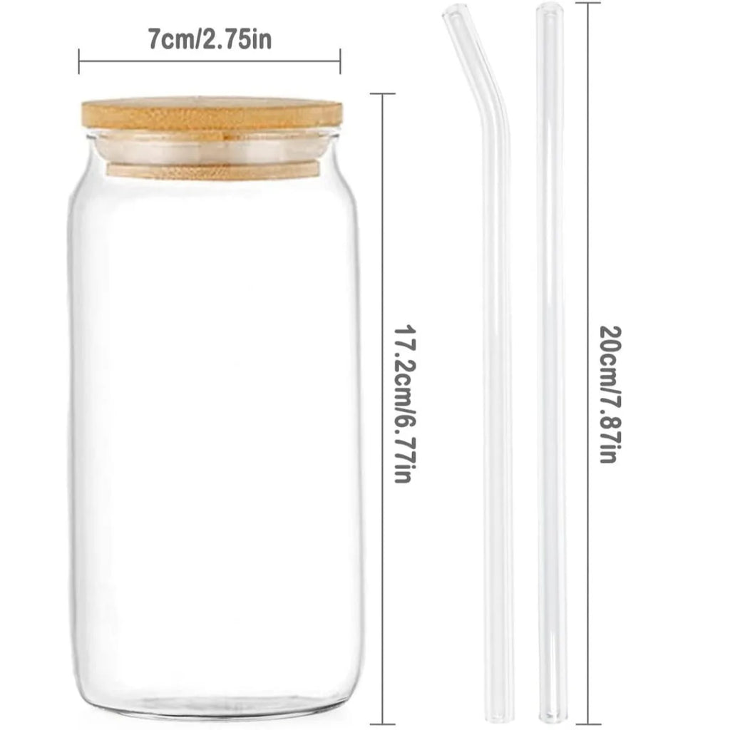 Vaso de vidrio de 473 ml (16 oz) con tapa de bambú y pajita de vidrio