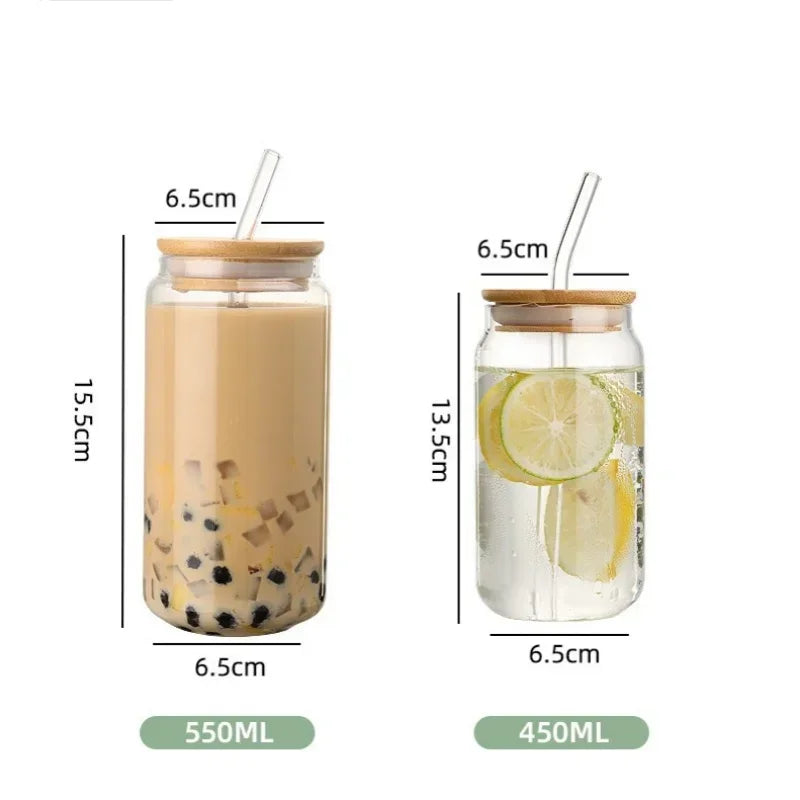 Vaso de vidrio transparente de 450 ml/550 ml con tapa de madera y popote