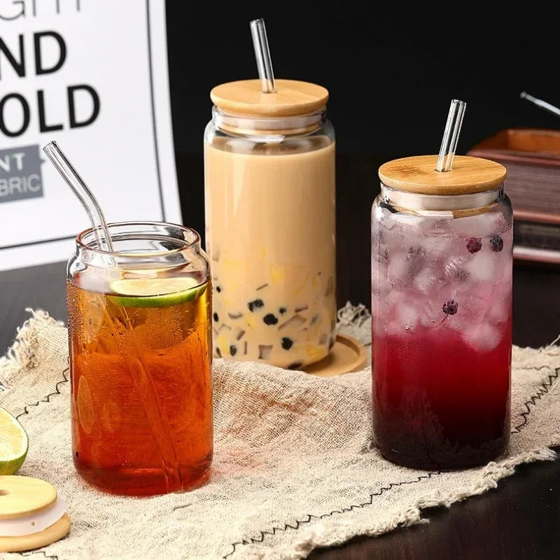 Vaso de vidrio transparente de 450 ml/550 ml con tapa de madera y popote