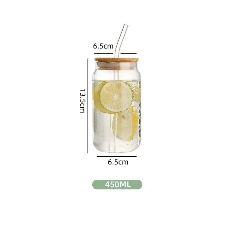 Vaso de vidrio transparente de 450 ml/550 ml con tapa de madera y popote