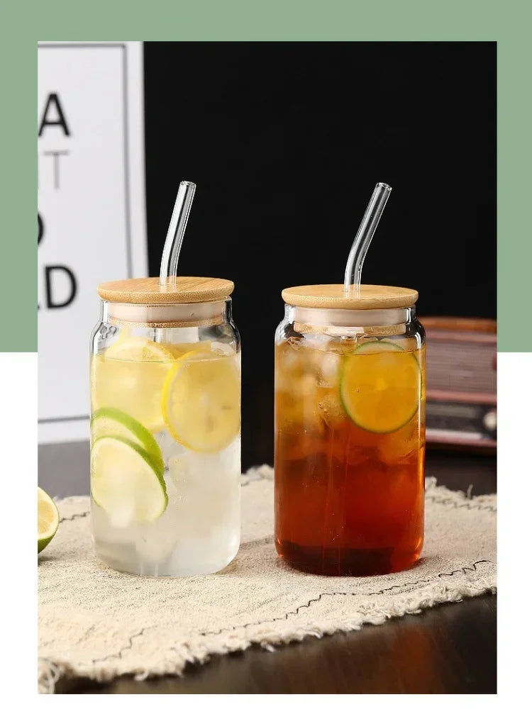 Vaso de vidrio transparente de 450 ml/550 ml con tapa de madera y popote
