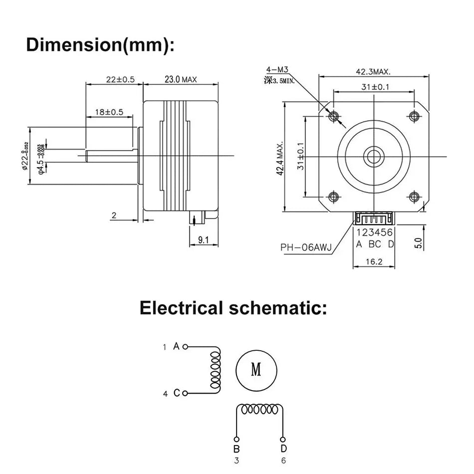 Motor paso a paso 23mm 0,42 N·m, 1,5 A, 17HS4023, 42BGYH, 4 cables, 1,0 A, 13 N·cm