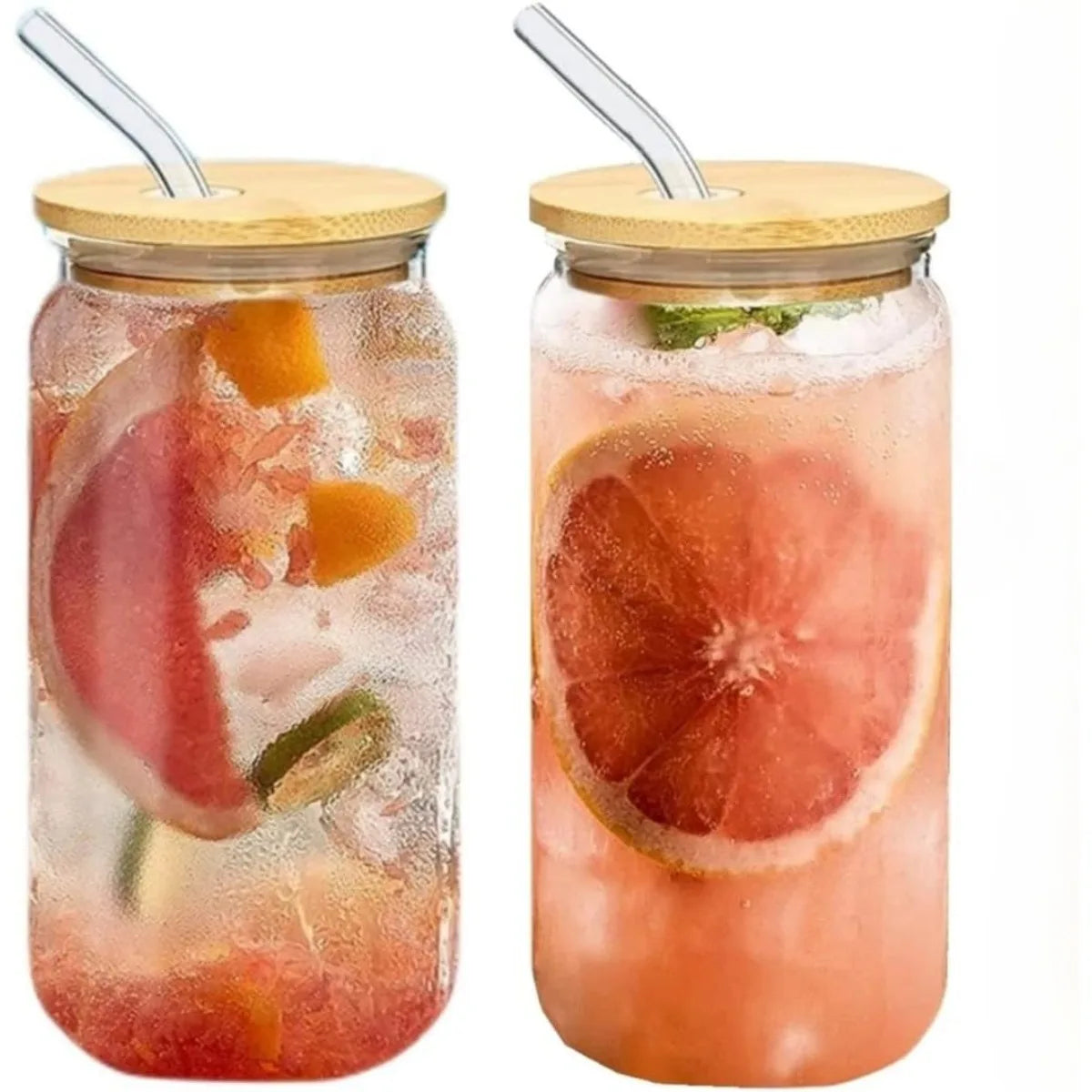 Vaso de vidrio de 473 ml (16 oz) con tapa de bambú y pajita de vidrio