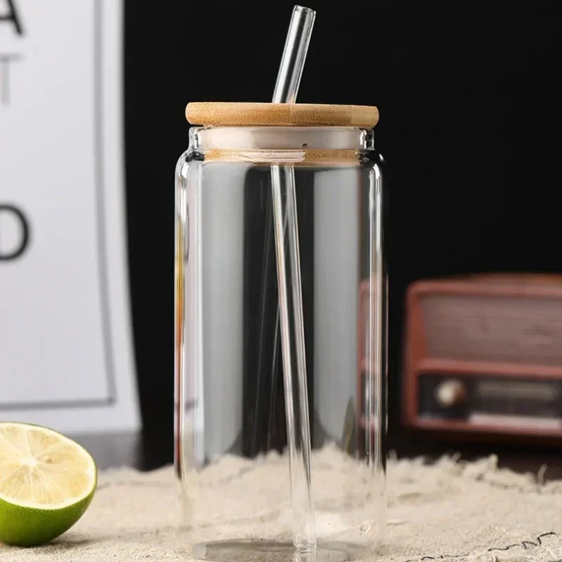 Vaso de vidrio transparente de 450 ml/550 ml con tapa de madera y popote