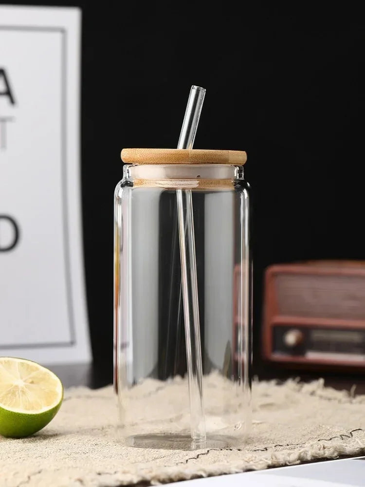 Vaso de vidrio transparente de 450 ml/550 ml con tapa de madera y popote