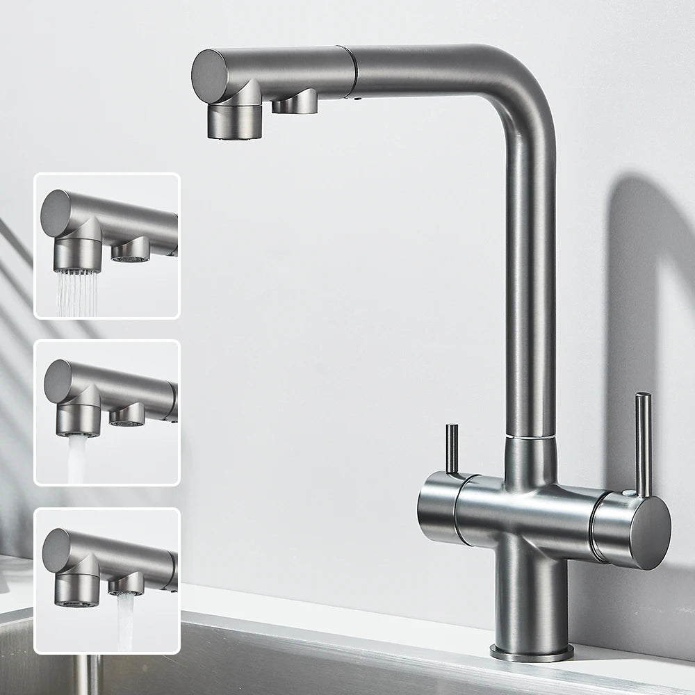 Llave de cocina con filtro de agua con rociador giratorio de 360°
