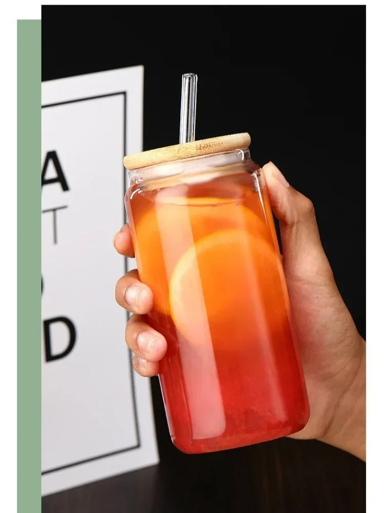 Vaso de vidrio transparente de 450 ml/550 ml con tapa de madera y popote
