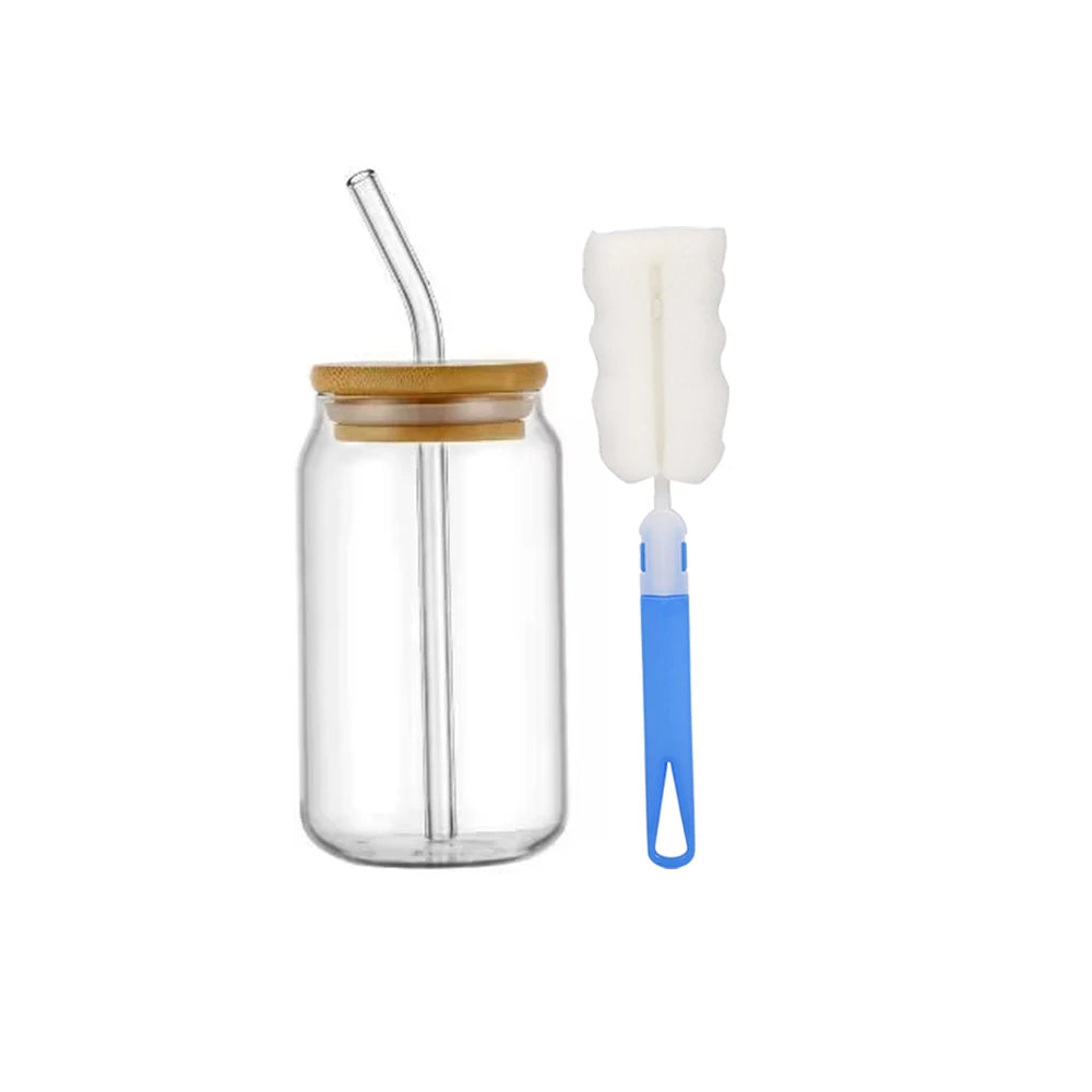 Vaso de vidrio de 473 ml (16 oz) con tapa de bambú y pajita de vidrio