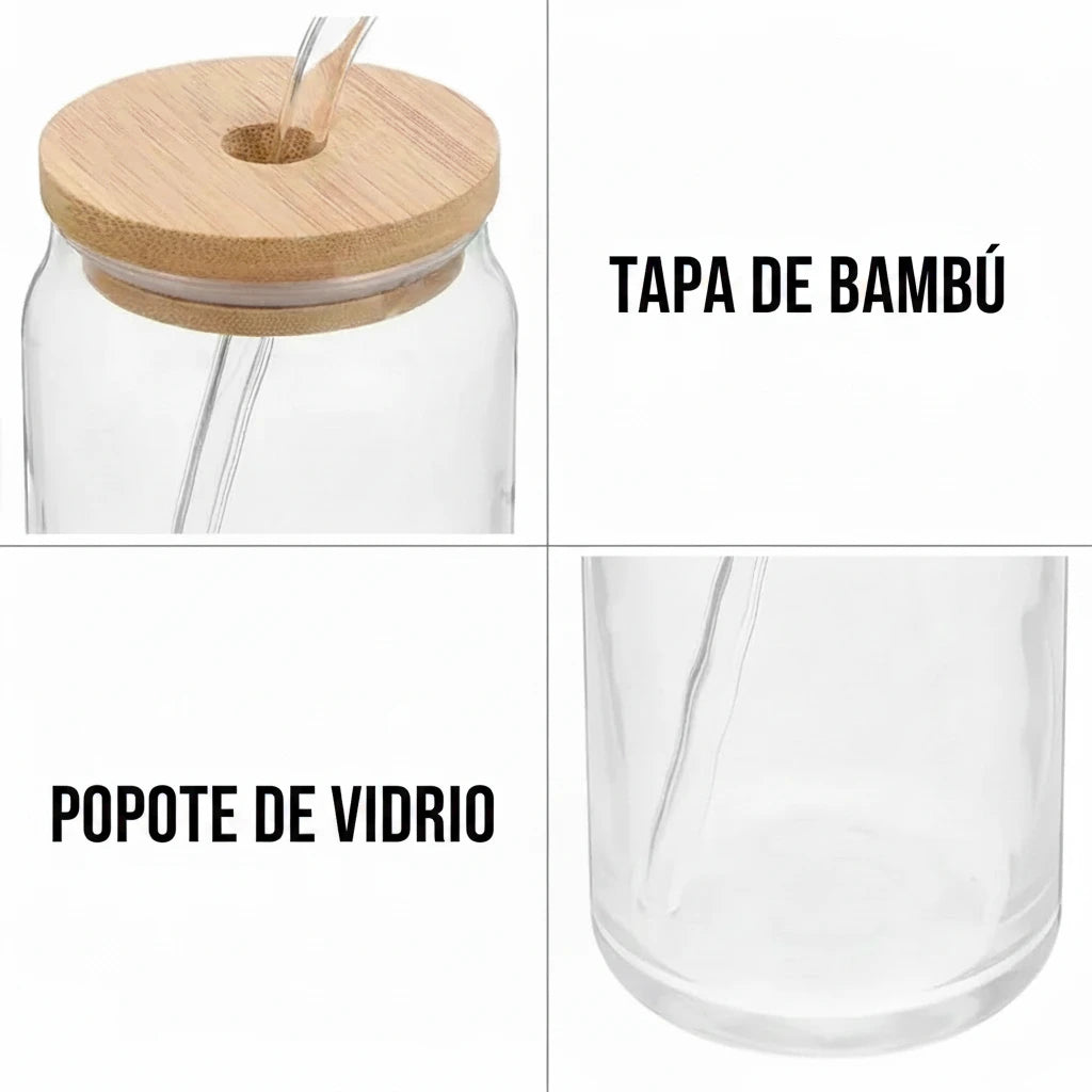 Vaso de vidrio de 473 ml (16 oz) con tapa de bambú y pajita de vidrio