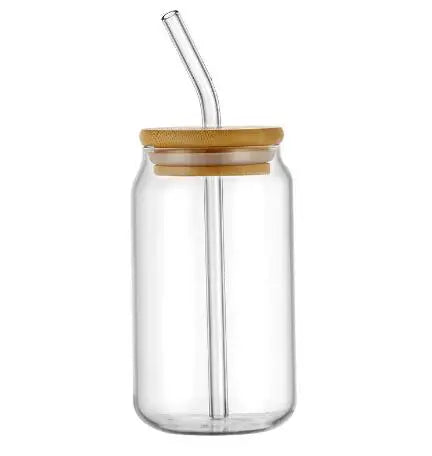 Vaso de vidrio de 473 ml (16 oz) con tapa de bambú y pajita de vidrio