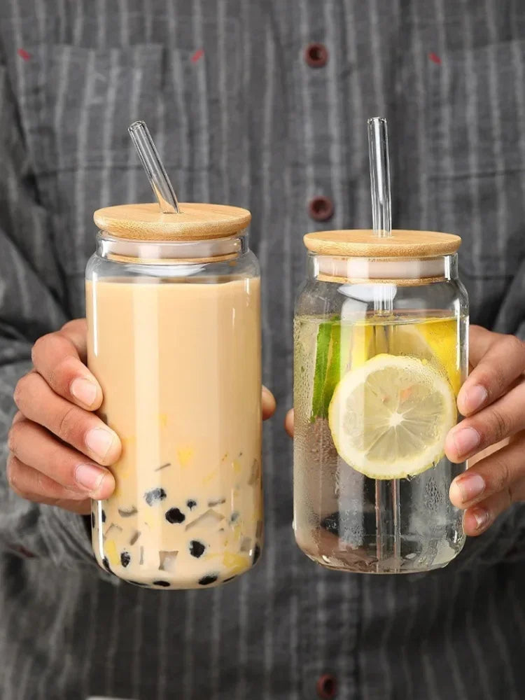 Vaso de vidrio transparente de 450 ml/550 ml con tapa de madera y popote