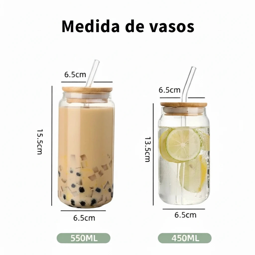 Vaso de vidrio transparente de 450 ml/550 ml con tapa de madera y popote